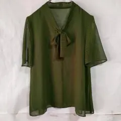 greenlabelrelaxingドット柄 ボウタイ 半袖ブラウス グリーン