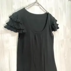 ペイトンプレイス　フリルスリーブ カットソーワンピース　チュニック　黒　M