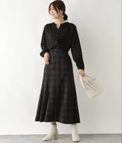 チェック柄 フレアスカート マーメイド ネイビー×ブラウン グローバルワーク