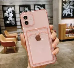 iPhone14 ケース ピンク クリアカバー 背面カード入れ 定期入れ