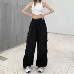 カーゴパンツ ワイドパンツ 黒 XLサイズ ストリート スノーカモ 韓国 裾絞り