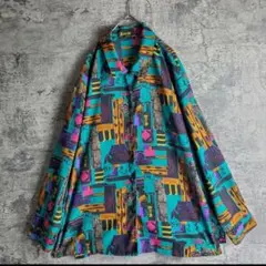 ヴィンテージ 総柄シャツ 幾何学柄 マルチカラー レトロ