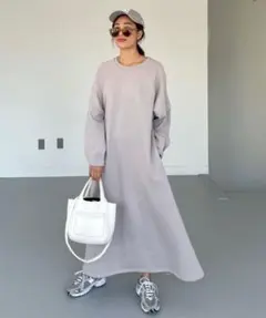 グレー ロングワンピース 長袖 スリット入り