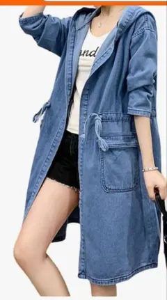 デニムブルー フード付きロングジャケット