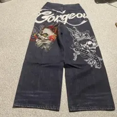 スカル柄 デニムパンツ ブラックのサムネイル