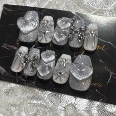【No.413】現品販売 ネイルチップ シルバー ハート リボン マグネット