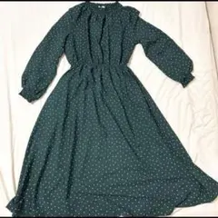 期間限Honeysダークグリーン ドット柄 長袖ワンピース