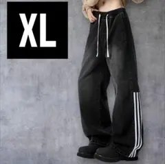ブラックデニム ワイドパンツスリーライン サイドストライプ ストリート XL