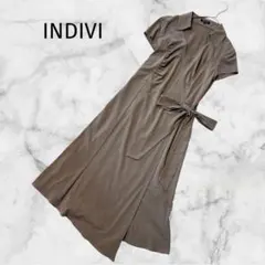 ＊インディヴィ＊【M】ウエストリボンワンピース 襟付き　美シルエット