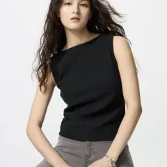 UNIQLO シャーリングボートネックTノースリーブS ブラック(新品未使用)
