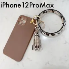 残1！iPhone12ProMaxケース✳︎蛇柄リング付き　ブラウン×ゴールド