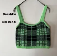 【レア】Bershka ニットビスチェ チェック柄 ニットキャミグリーンUSA