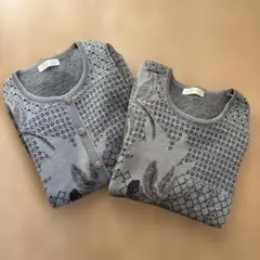 古着　RELIEVO 花柄長袖アンサンブル　カーディガン グレー　ミセス　レトロ