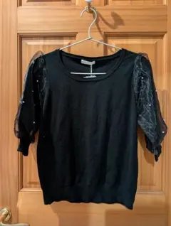 新品 パフスリーブ シアー袖 パール付き カットソー ブラックのサムネイル