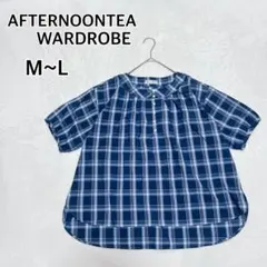美品 アフタヌーンティー ブルー チェック柄ブラウス M-L 半袖 i5256