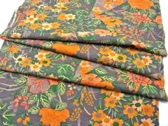 e038-L1 ◆緑・紬・草花・162 cm ◆正絹はぎれ・解き