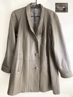 T35 グリーン系レザーハーフコート レディース9号 レトロ 革ジャケット