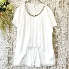 コムサイズム　異素材半袖ブラウス（M）シフォンチュニック　ビーズ　白a2122
