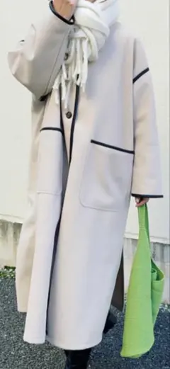 ニットメルトンパイピングノーカラーロングコート