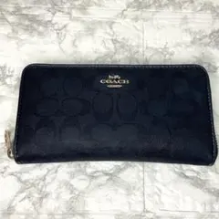 COACH コーチ　ネイビー　シグネチャー　ラウンドジップ長財布