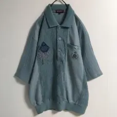 レトロ 古着 くすみカラー 刺繍 楊柳 リブ襟プルオーバーシャツ 半袖 メンズ