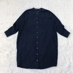 長袖2way 羽織り シャツワンピース　綿　ネイビー　バンドカラー 体型カバーM