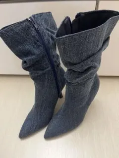 ダークデニム スリムフィット ニーハイブーツ