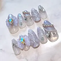 現品　ネイルチップ　フレンチガーリー　量産型　キルティング　推し　紫　グラデ