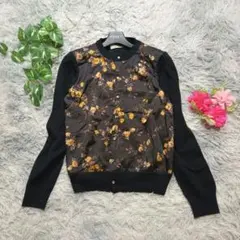 【beautiful people】花柄カーディガン 黒 シルク混 38 切替のサムネイル
