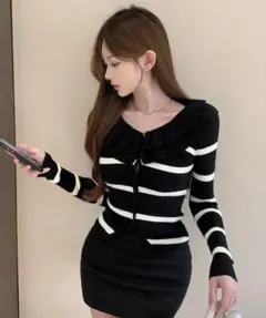 ストライプニットカーディガン　(黒と白) Mサイズ