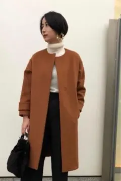 アンゴラビーバースリットノーカラーコート　グリーンレーベルリラクシング　茶