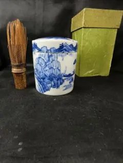 茶道具 染付茶入 茶缶 平安春峰造 未使用美品 紙箱付 旧家蔵出し 送料無料