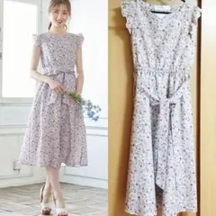 tocco ウエストりぼん付きハートネック肩フリルフラワープリントワンピース