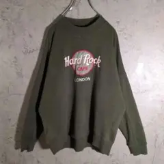 【USA製】ハードロックカフェ LONDON 刺繍ロゴ 薄手スウェット オリーブ