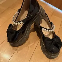 黒 リボン付き パールストラップ フォーマルシューズ