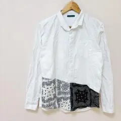 綿麻混バンダナパッチワークシャツ　L相当　ペイズリー柄　長袖比翼　コットンリネンのサムネイル