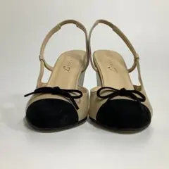 【新品箱付】22.5cm、スリングバック、ウェッジソール、リボン、コンビ、7cm