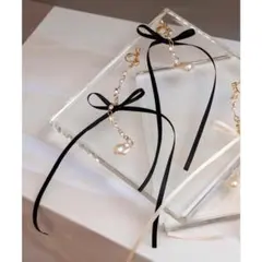 ウィルセレクション　ロングリボンライトストーンイヤリング　ブラック