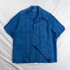ビンテージ古着 00s 開襟 刺繍 立体 エスニック ブルー 青 キューバシャツ