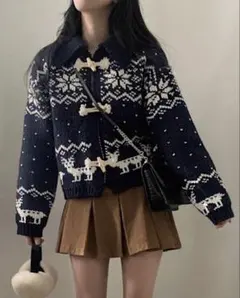 【値下げ中‼️】ネイビー 雪の結晶 リブ編み カーディガンニット