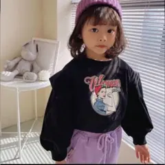 【新品未使用】フリル袖プリントトップスブラック100サイズ