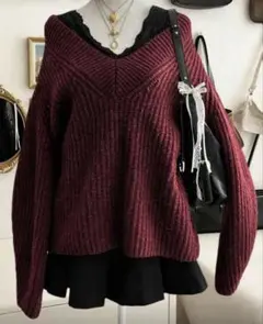 バーガンディ Vネック ニット セーター オーバーサイズ
