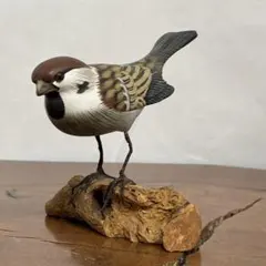木製スズメの彫刻 約12cm バードカービング 木彫りの野鳥 野鳥彫刻