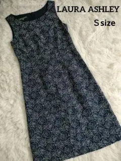 LAURA ASHLEY ネイビー花柄刺繍 ノースリーブ ワンピース