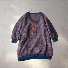 788＊ノーブランド【F】ニット　五分袖　ワインレッド　ネイビー　ドット　ボタン