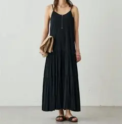 Loungedress 　サテンティアードキャミワンピース 黒 F