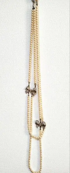 セール！ ビジュー リボン付き パール2連 ロングネックレス