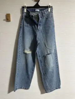 ダメージ加工 ワイドレッグデニムライトブルー