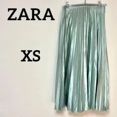 ZARA プリーツロングスカート 光沢サテン ミント XS