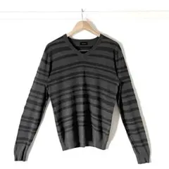 【美品】ジョゼフオム 薄手Vネックボーダーニット セーター グレー×黒 メンズ